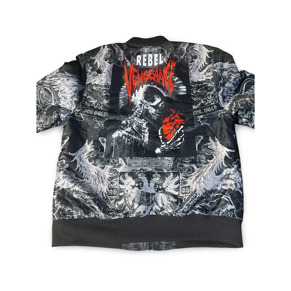 Rebel Vengeance Skull Graphic Bomber Jacket Mens Sz M Black Red Retro gothic y2k